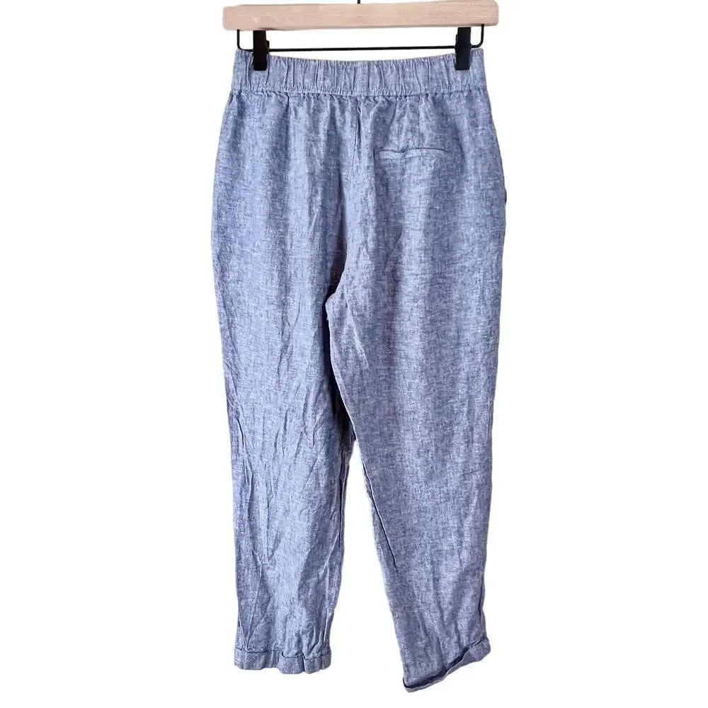 Zara‎ Blue Linen Blend Tie Waist Tapered Pants Womens Small High Rise Cuffed Hem